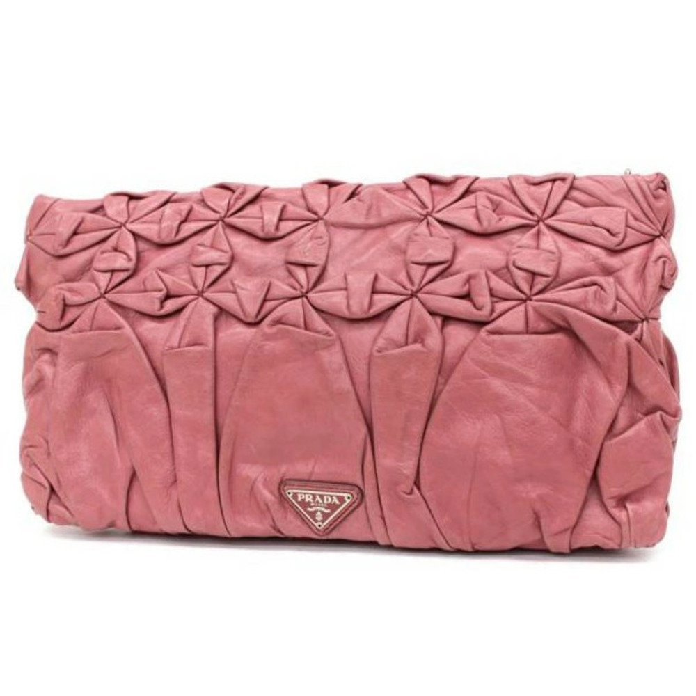 Prada Leather Clutch Bag Gathered Rose Pink Handbag